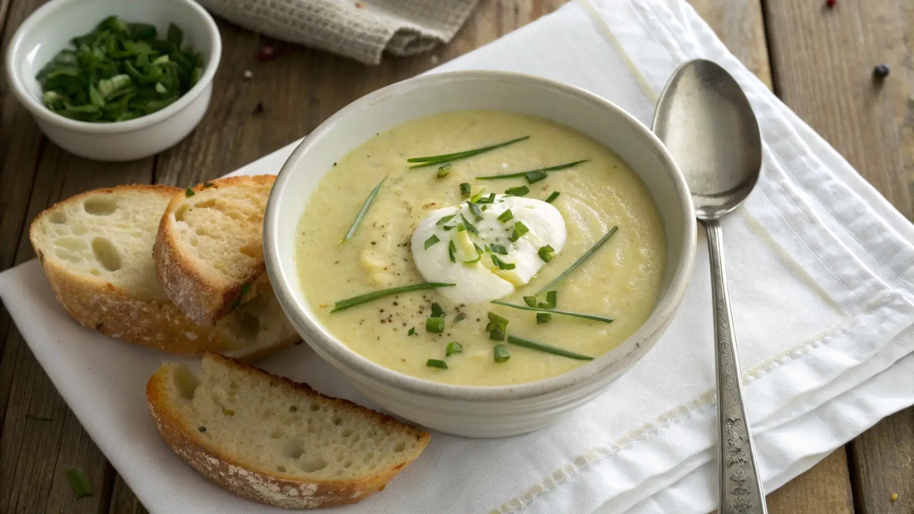 Bowl of creamy 4 ingredient potato soup with chives and sour cream, served with bread on a wooden table.