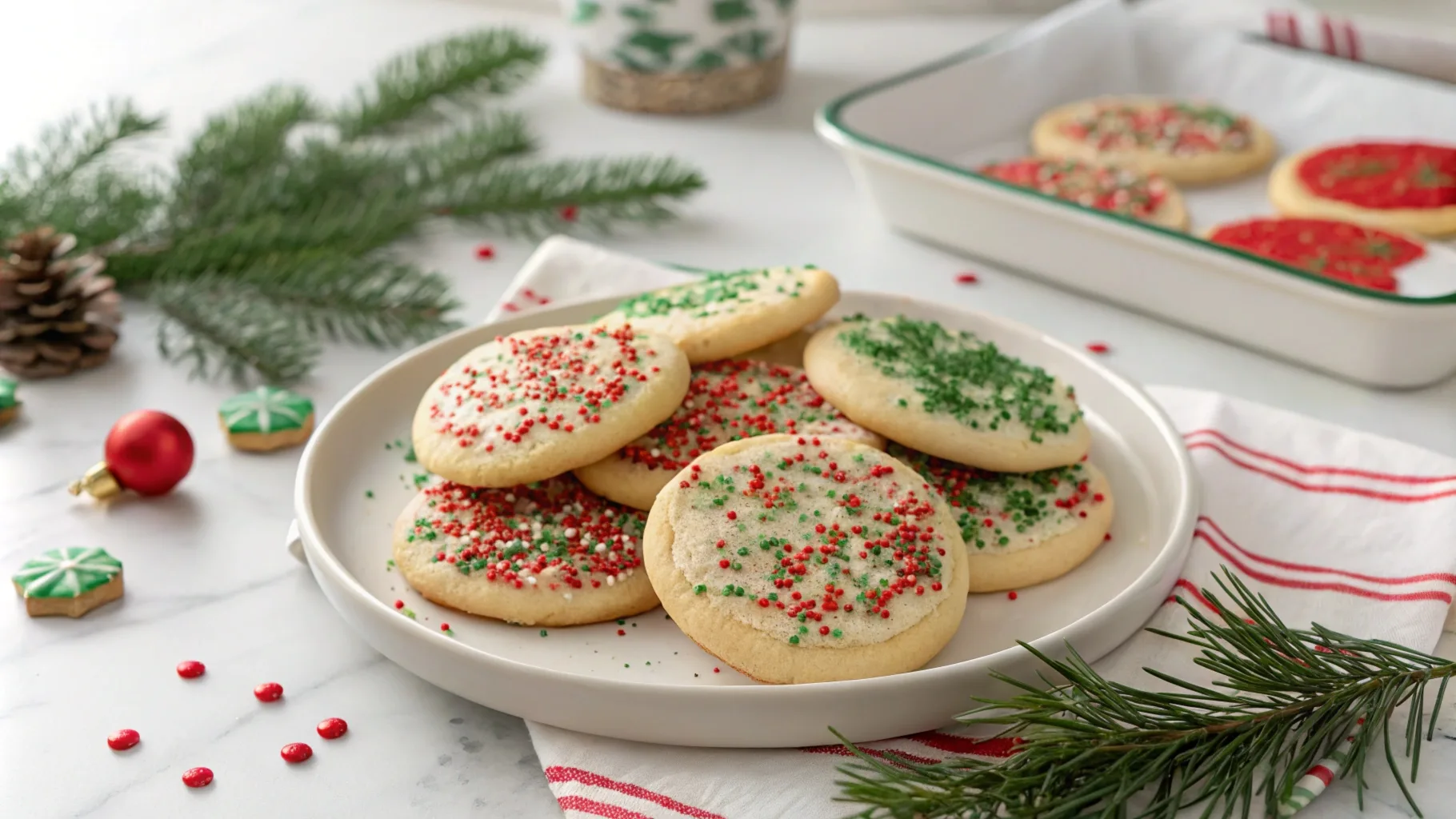 Festive Christmas sugar cookies with red and green sprinkles on a white marble countertop with holiday decorations.