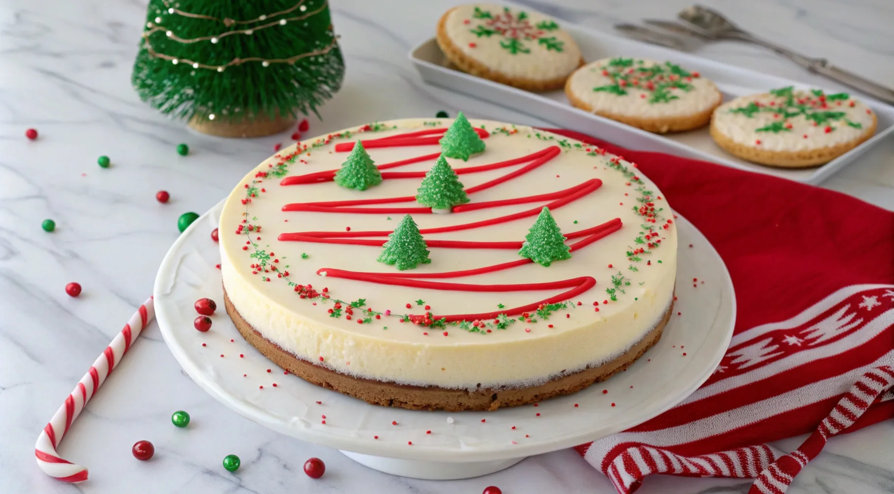 A festive Christmas tree cheesecake topped with white chocolate ganache, red frosting stripes, and green sanding sugar, garnished with Little Debbie Christmas Tree Cakes.