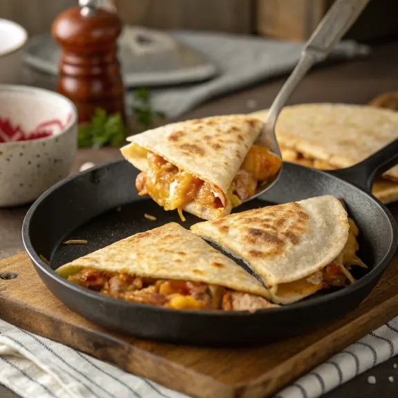 Taco Bell Quesadilla Copycat 3 Taco Bell chicken quesadilla cooking in a skillet, with golden-brown tortilla and melted cheese oozing out.