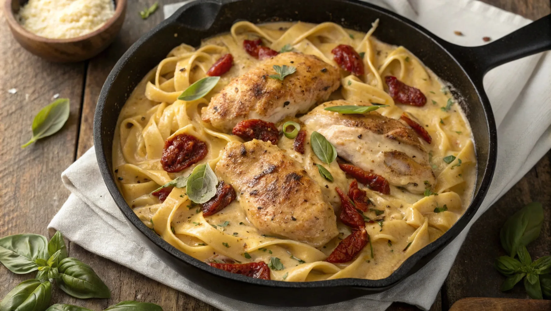 Creamy Marry Me Chicken Pasta in a skillet with sun-dried tomatoes and fresh basil.