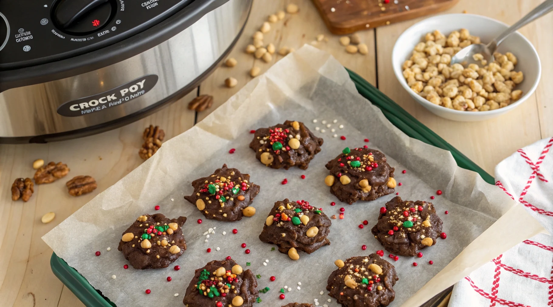 Overhead shot of Crock Pot Christmas Crack clusters with colorful sprinkles on a rustic kitchen counter.