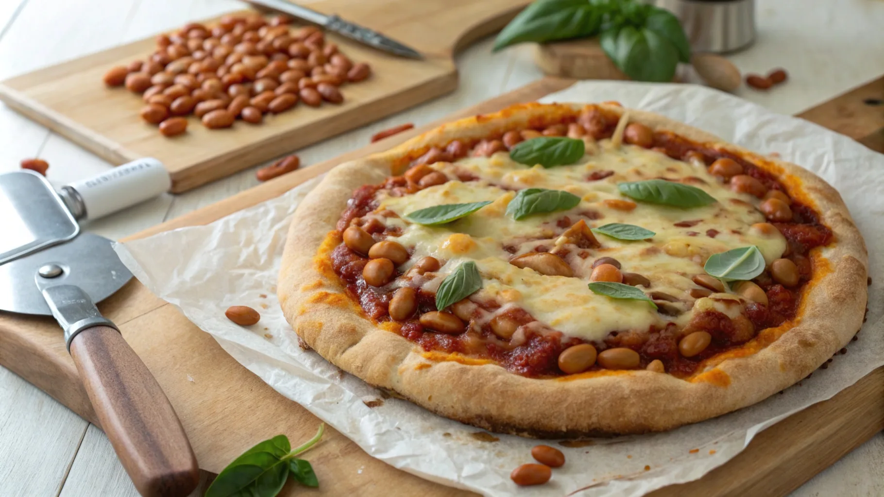 A cheesy bean pizza with baked beans and melted mozzarella on a golden crust, placed on a wooden board.