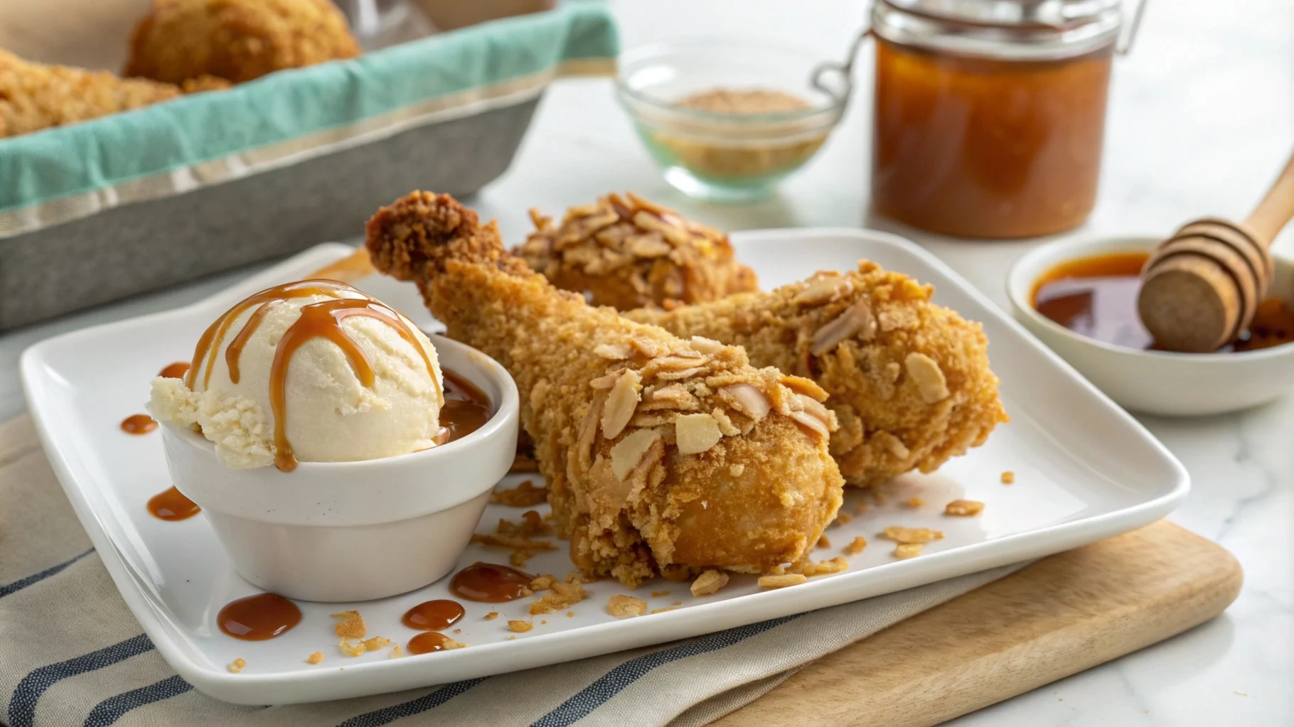 Platter of fried chicken ice cream drumsticks with crushed cornflake coating and dipping sauces.