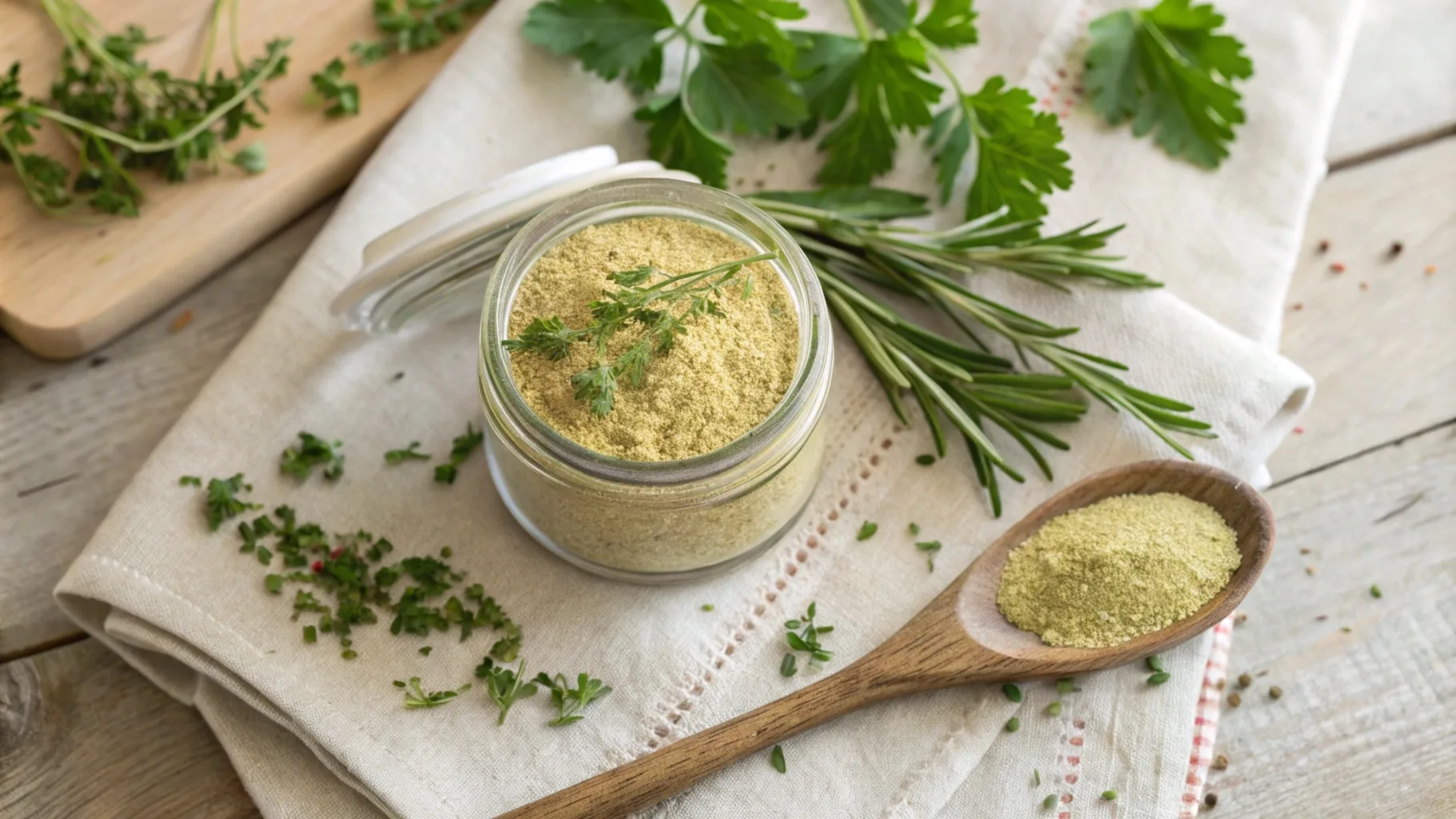 Jar of homemade chicken bouillon powder with fresh herbs on a rustic wooden surface.