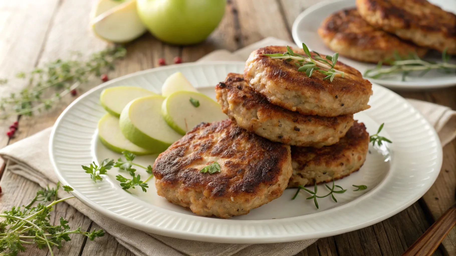 Golden-brown chicken apple sausage patties on a white plate with herbs and apple slices.