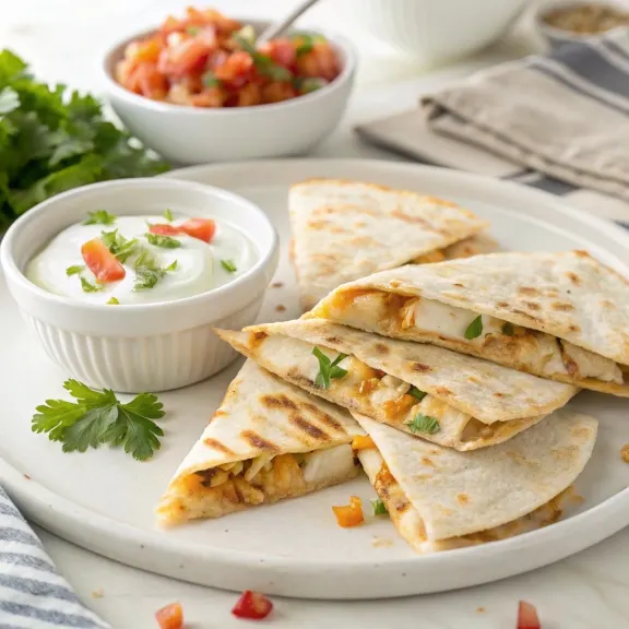 Taco Bell Quesadilla Copycat 4 Sliced Taco Bell chicken quesadilla on a white plate, served with creamy jalapeño sauce, sour cream, and fresh pico de gallo.