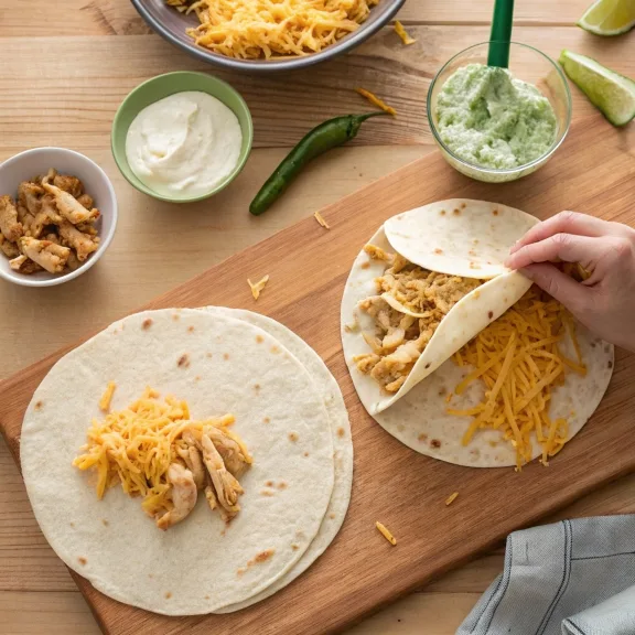 Taco Bell Quesadilla Copycat 2 Half-assembled Taco Bell chicken quesadilla showing creamy jalapeño sauce, grilled chicken, and shredded cheese on a flour tortilla.