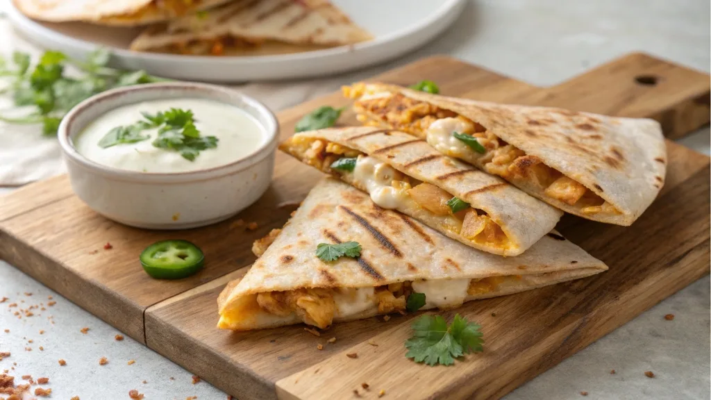 Freshly cooked Taco Bell chicken quesadilla cut into triangles, showing melted cheese and grilled chicken, with creamy jalapeño sauce on the side.