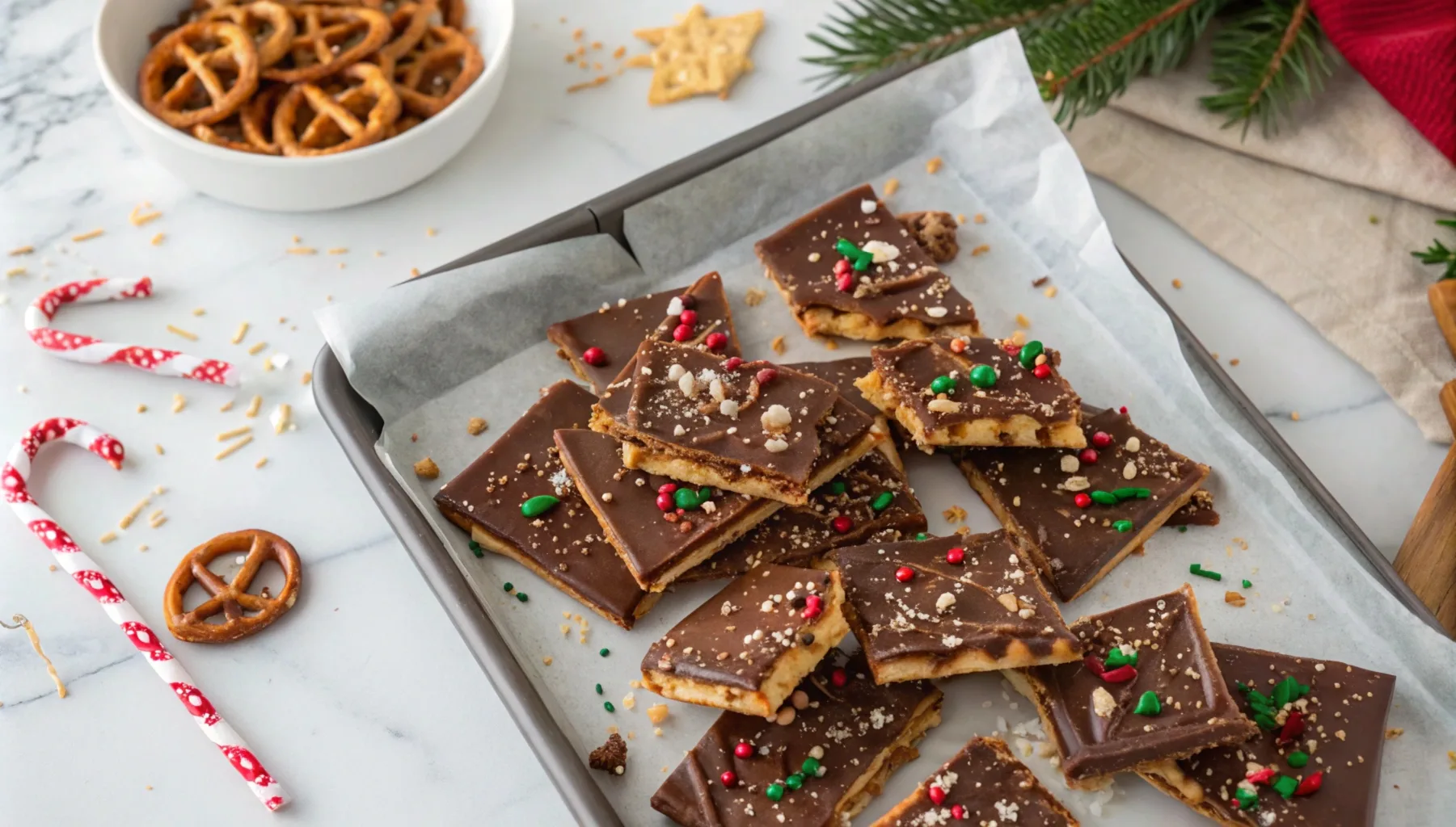 Christmas Crack Recipe with Pretzels on a rustic tray with caramel, chocolate, and festive sprinkles.