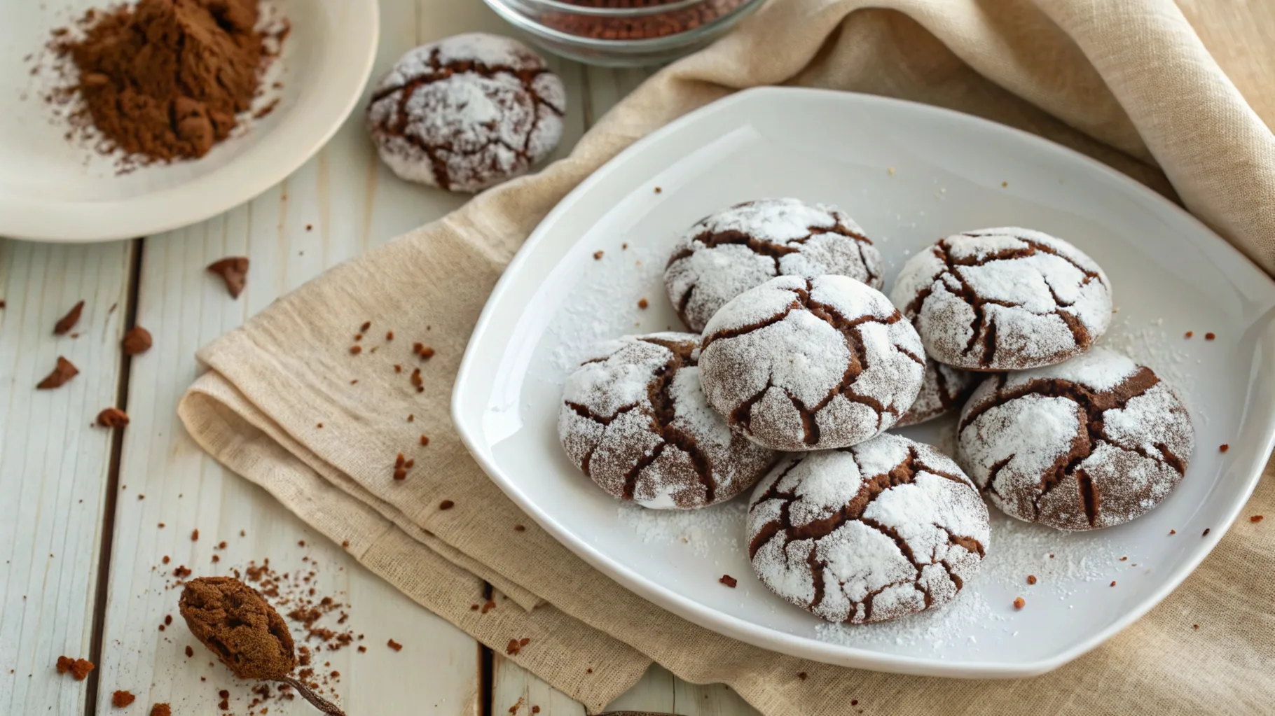 Freshly baked chocolate crinkle cookies with powdered sugar coating on a white plate, surrounded by cocoa powder.