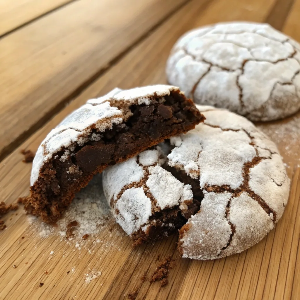 What Are Crinkle Cookies Made Of? Ingredients and Tips for Perfect Chocolate Crinkles 3 A broken chocolate crinkle cookie showing a gooey center and crackly edges dusted with powdered sugar.