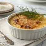 Close-up of Crab Brulee with caramelized sugar topping in a ramekin, garnished with dill on a marble surface.