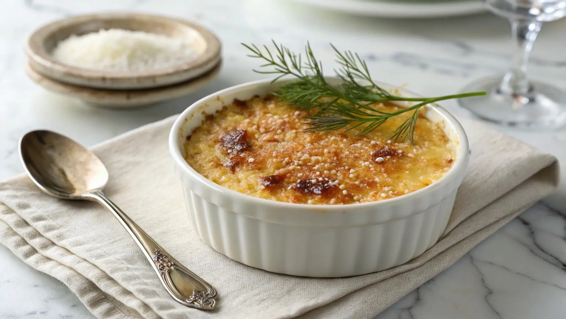 Close-up of Crab Brulee with caramelized sugar topping in a ramekin, garnished with dill on a marble surface.