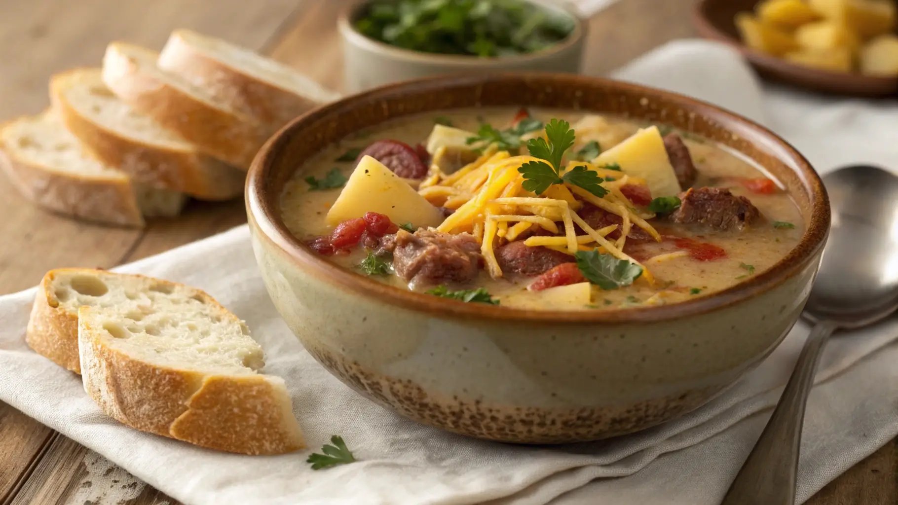 Overhead view of a bowl of creamy hamburger potato soup topped with shredded cheese, spicy sausage slices, and parsley, served with crusty bread on a wooden table.