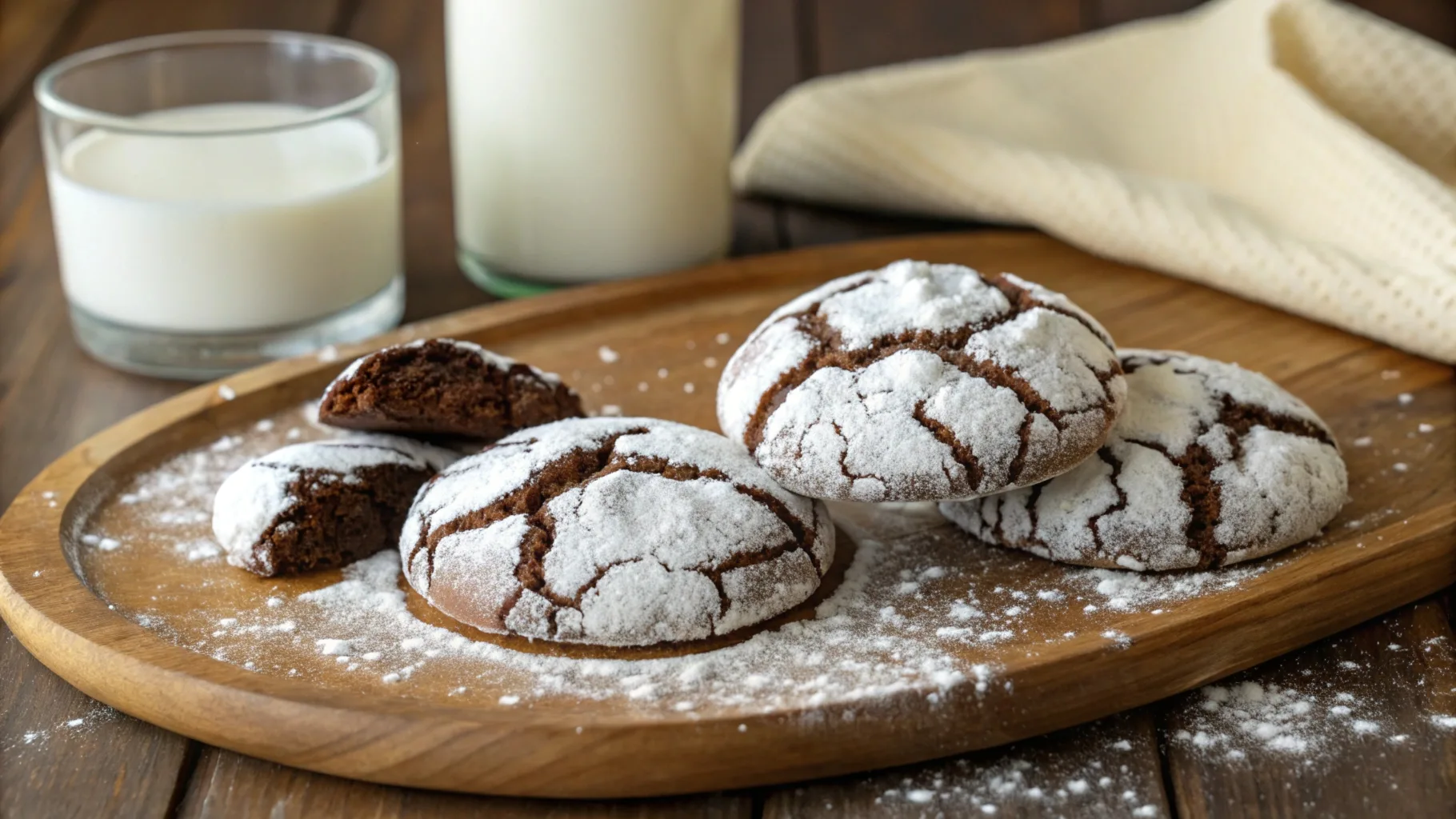 Close-up view of crinkle cookies from cake mix, dusted with powdered sugar, on a rustic wooden table with milk in the background.