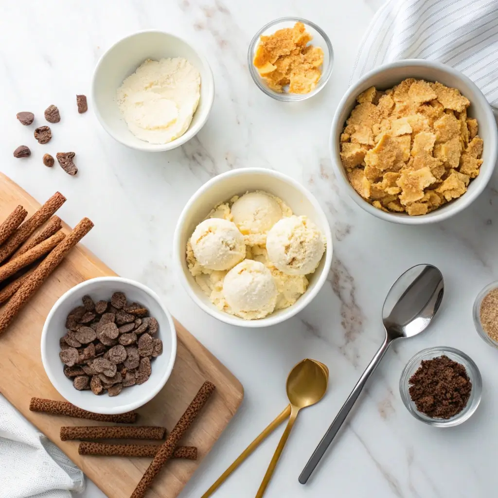 Did Life Raft Treats get a deal on Shark Tank? 3 Step-by-step setup for making fried chicken ice cream, featuring bowls of vanilla ice cream, crushed cornflakes, chocolate sticks, and utensils.