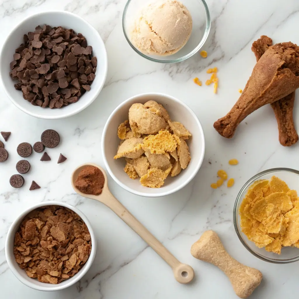 What Does Not Fried Chicken Ice Cream Taste Like? 4 Ingredients and step-by-step layout for making Not Fried Chicken Ice Cream, including shaped ice cream, crushed cornflakes, and melted chocolate.