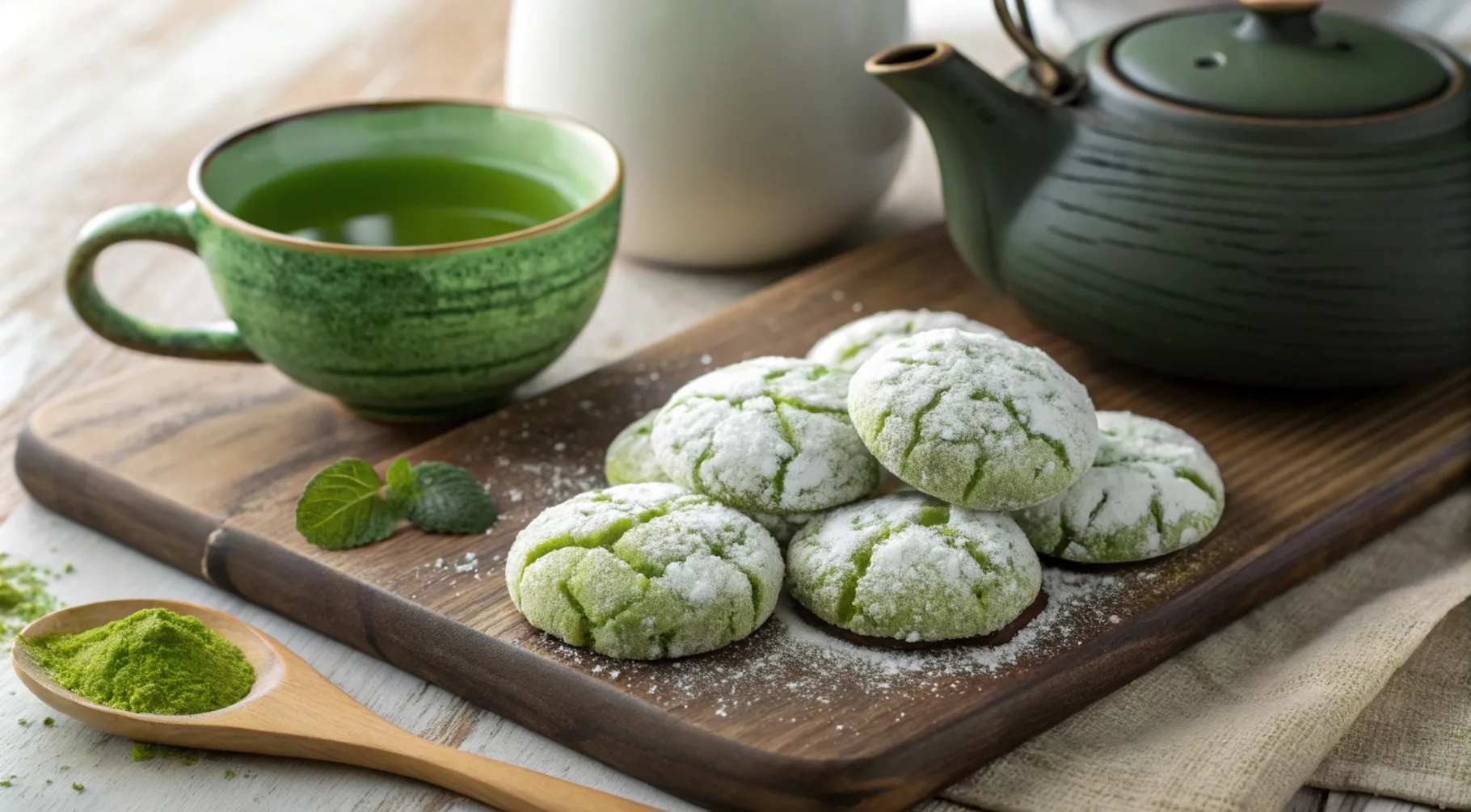 Freshly baked matcha crinkle cookies with powdered sugar cracks on a rustic wooden board, with a cup of green tea.