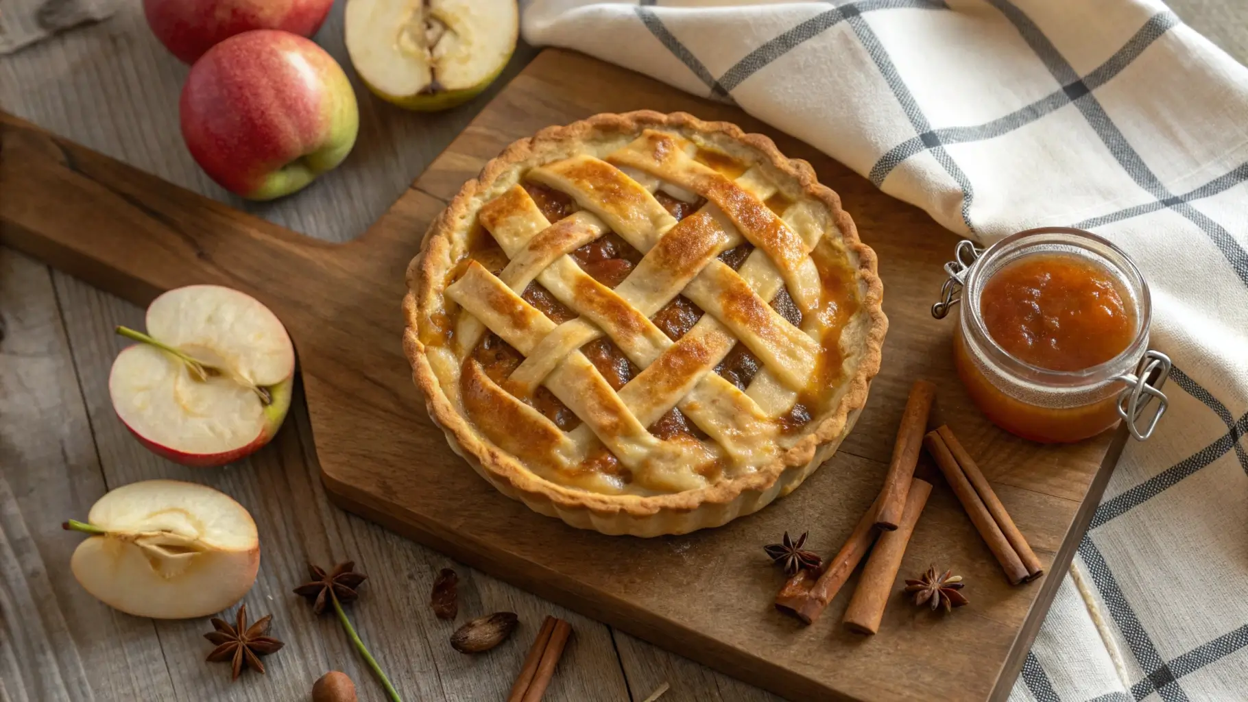 Golden small apple pie with lattice topping, surrounded by fresh apples and cinnamon sticks on a rustic wooden board.