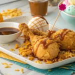 Overhead view of fried chicken ice cream drumsticks with crispy cornflake coating, drizzled with honey, on a white serving platter.