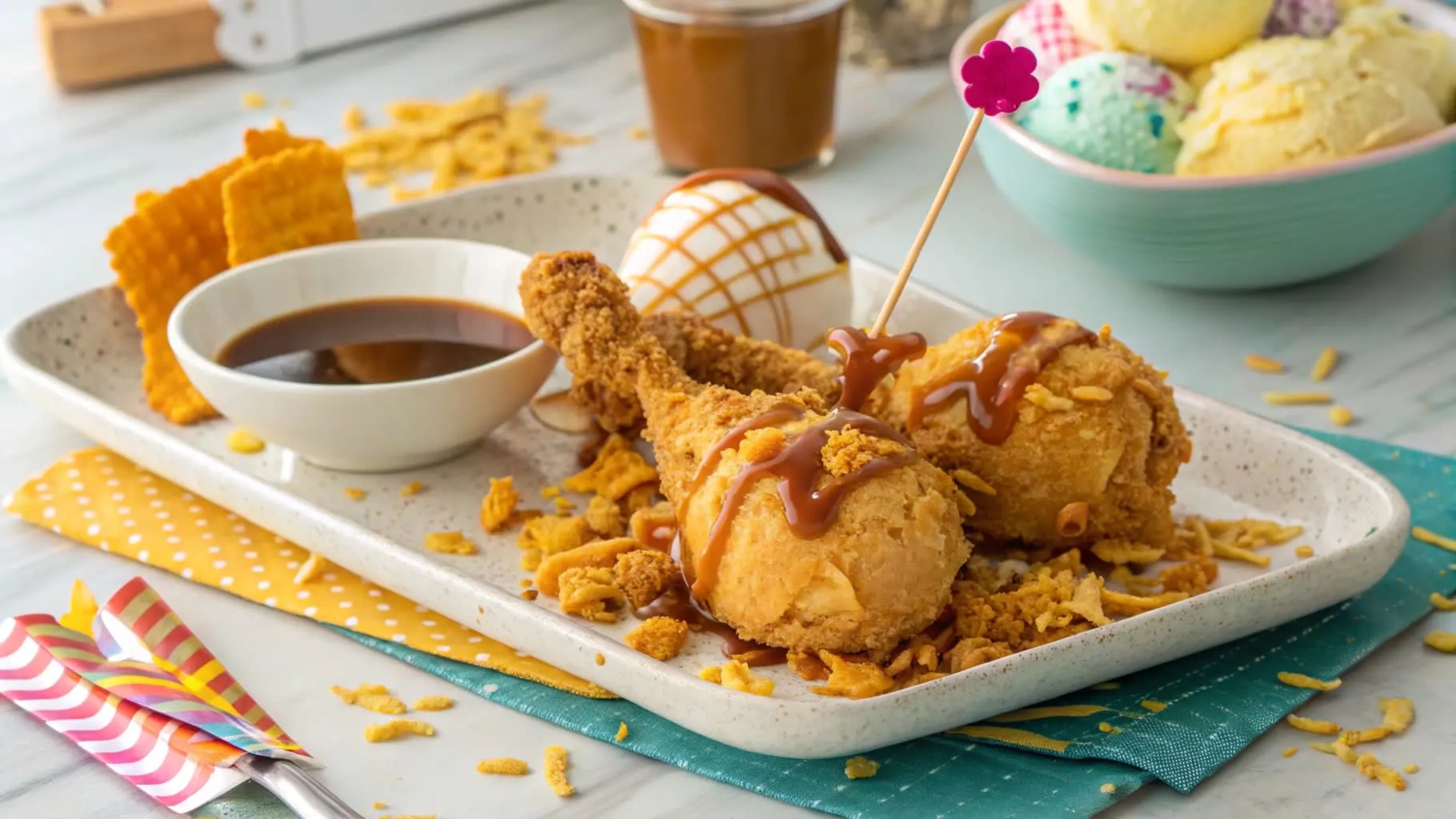 Overhead view of fried chicken ice cream drumsticks with crispy cornflake coating, drizzled with honey, on a white serving platter.