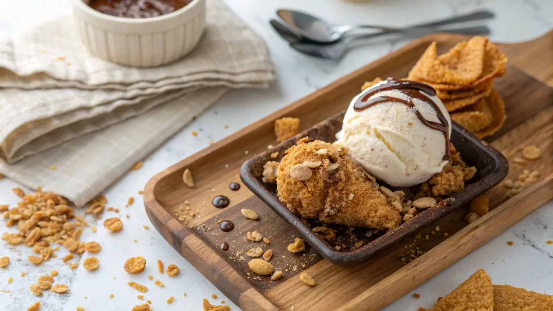 Fried chicken ice cream dessert resembling a drumstick on a rustic tray, featuring a chocolate bone and crispy cornflake coating.