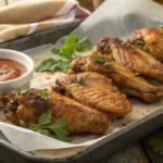 Golden-brown baked turkey wings garnished with parsley on a tray with dipping sauce.