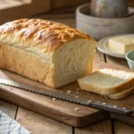 Freshly baked cottage cheese bread loaf on a wooden board with butter and knife.