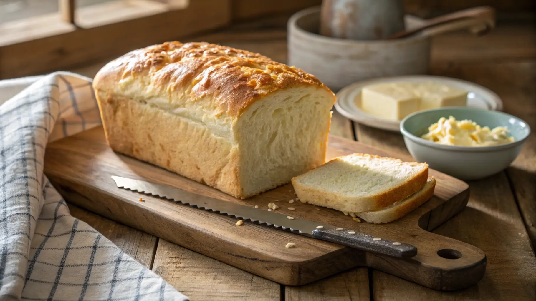 Freshly baked cottage cheese bread loaf on a wooden board with butter and knife.