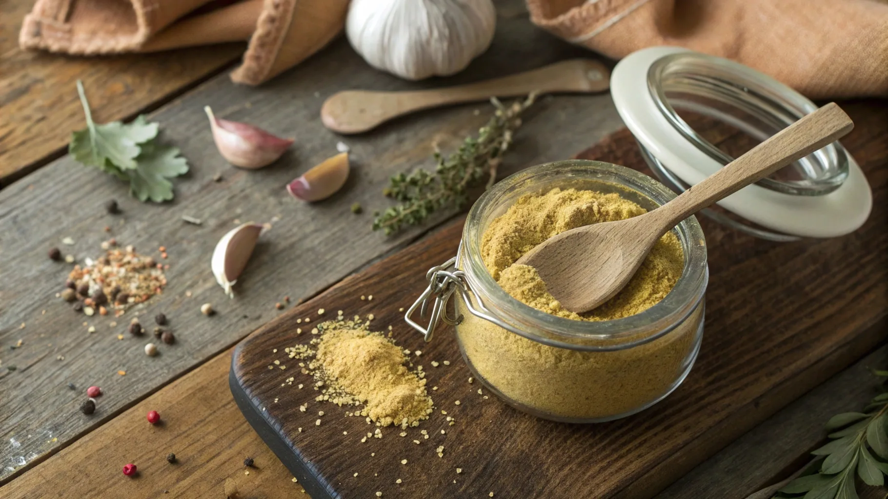 Jar of homemade beef bouillon powder surrounded by natural ingredients on a rustic wooden table.