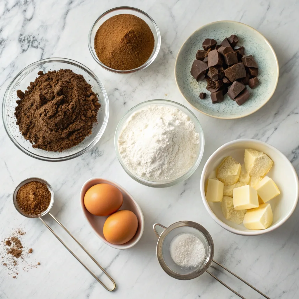 What Are Crinkle Cookies Made Of? Ingredients and Tips for Perfect Chocolate Crinkles 2 Chocolate crinkle cookie ingredients like cocoa powder, flour, sugar, eggs, and powdered sugar arranged on a marble surface.