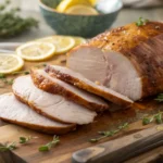 Golden smoked turkey breast sliced to reveal juicy meat, garnished with herbs and lemon wedges on a rustic wooden board.