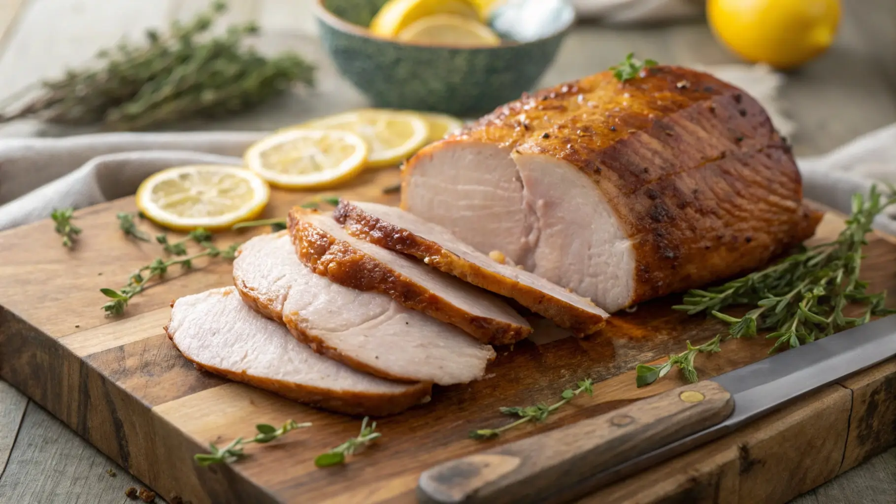 Golden smoked turkey breast sliced to reveal juicy meat, garnished with herbs and lemon wedges on a rustic wooden board.