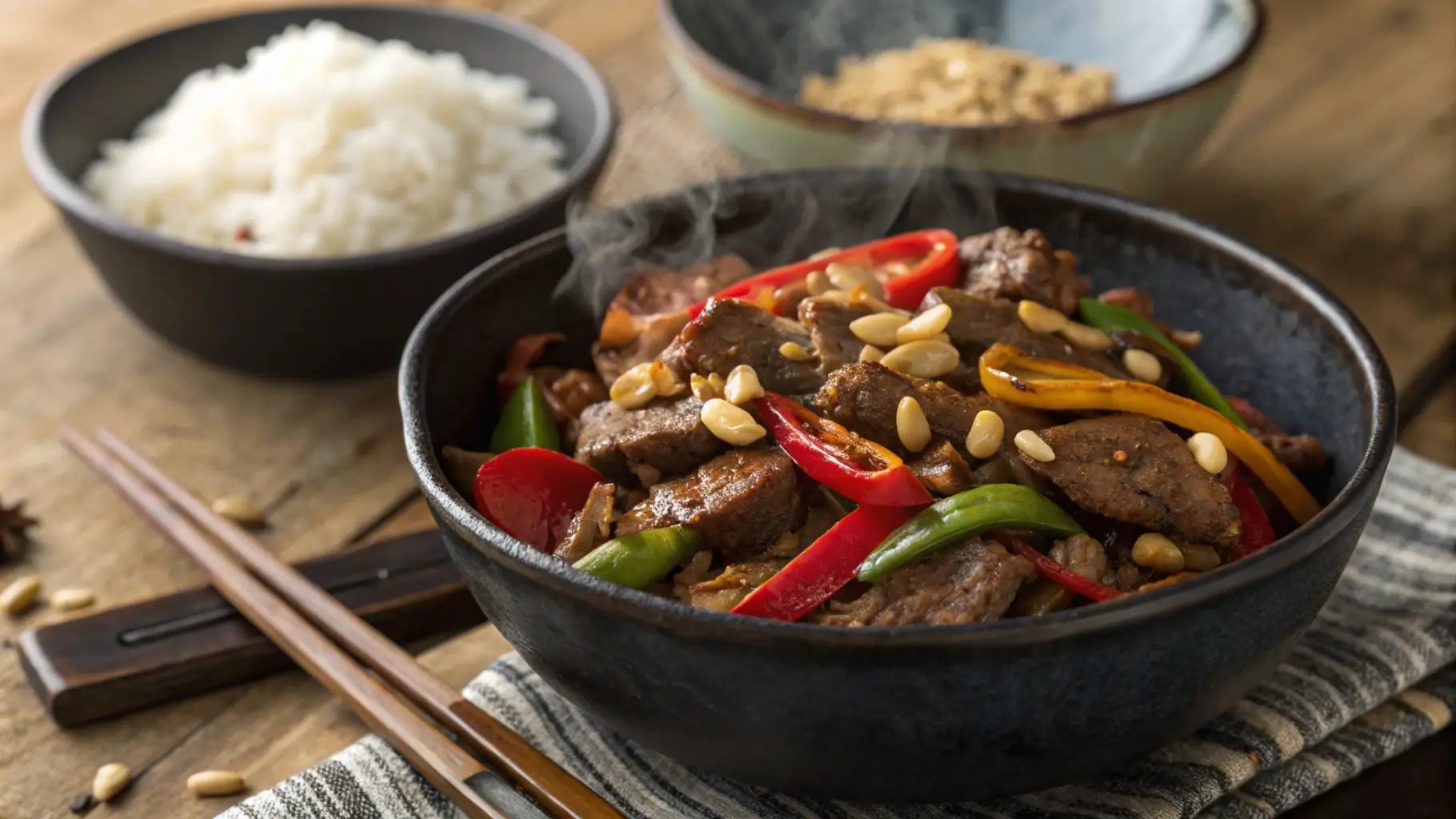 Close-up of Kung Pao Beef with tender beef, bell peppers, peanuts, and chilies, served in a dark bowl with chopsticks on a rustic table.