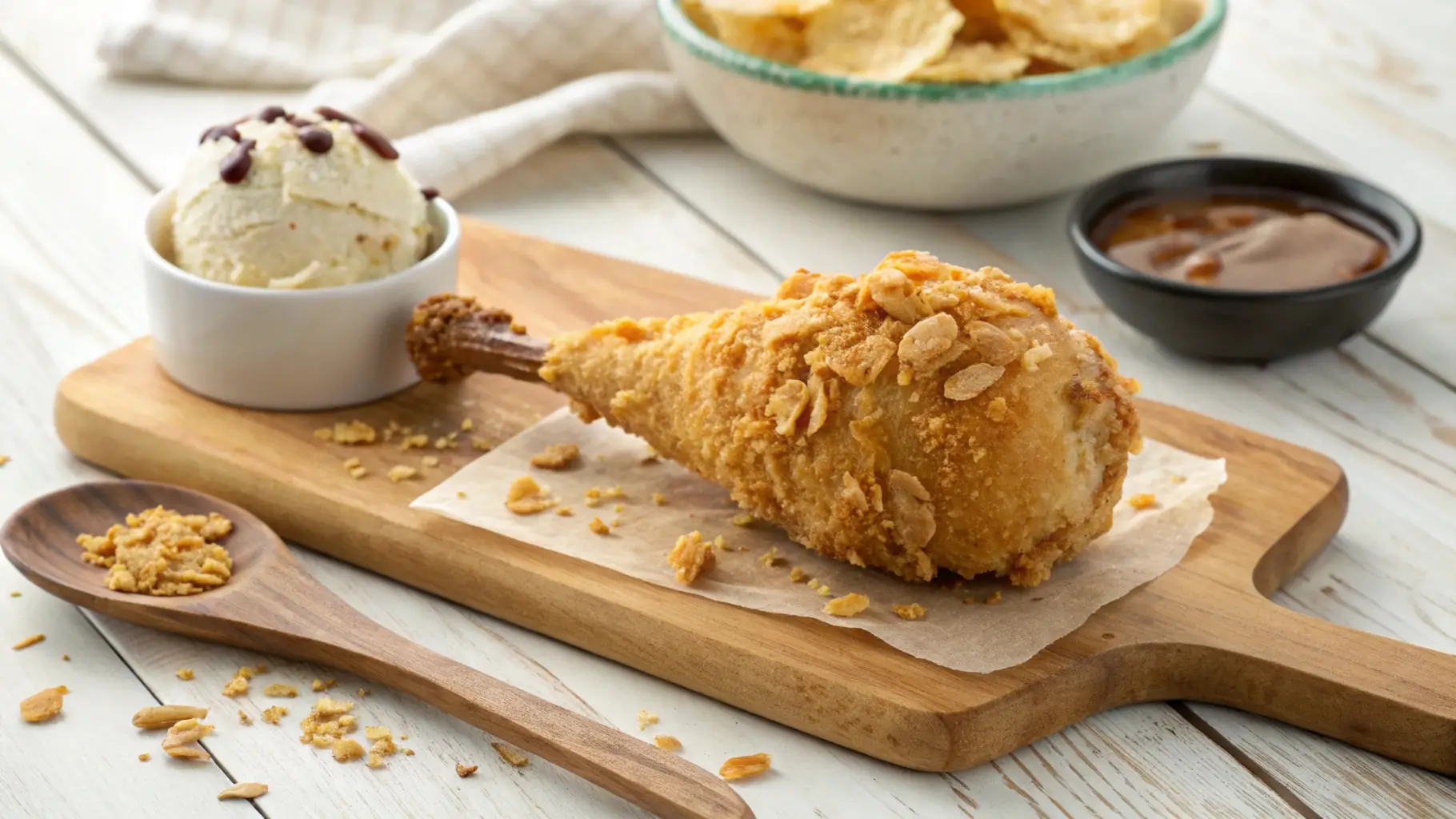 A realistic Not Fried Chicken Ice Cream drumstick with a golden crunchy coating and chocolate bone, served on a wooden board.