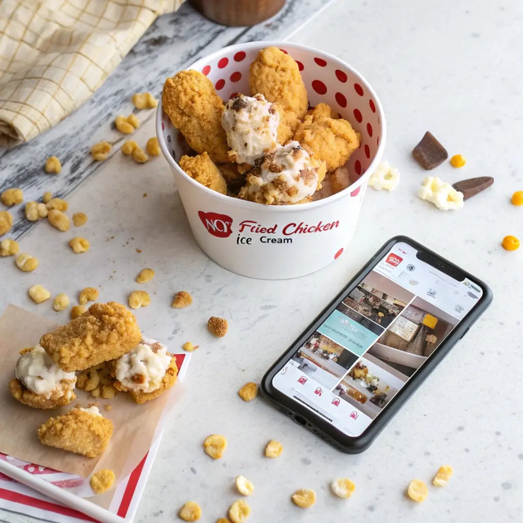 Does Walmart Have Not Fried Chicken Ice Cream? 2 A bucket of Not Fried Chicken Ice Cream bars placed next to a smartphone playing a TikTok video of the dessert.