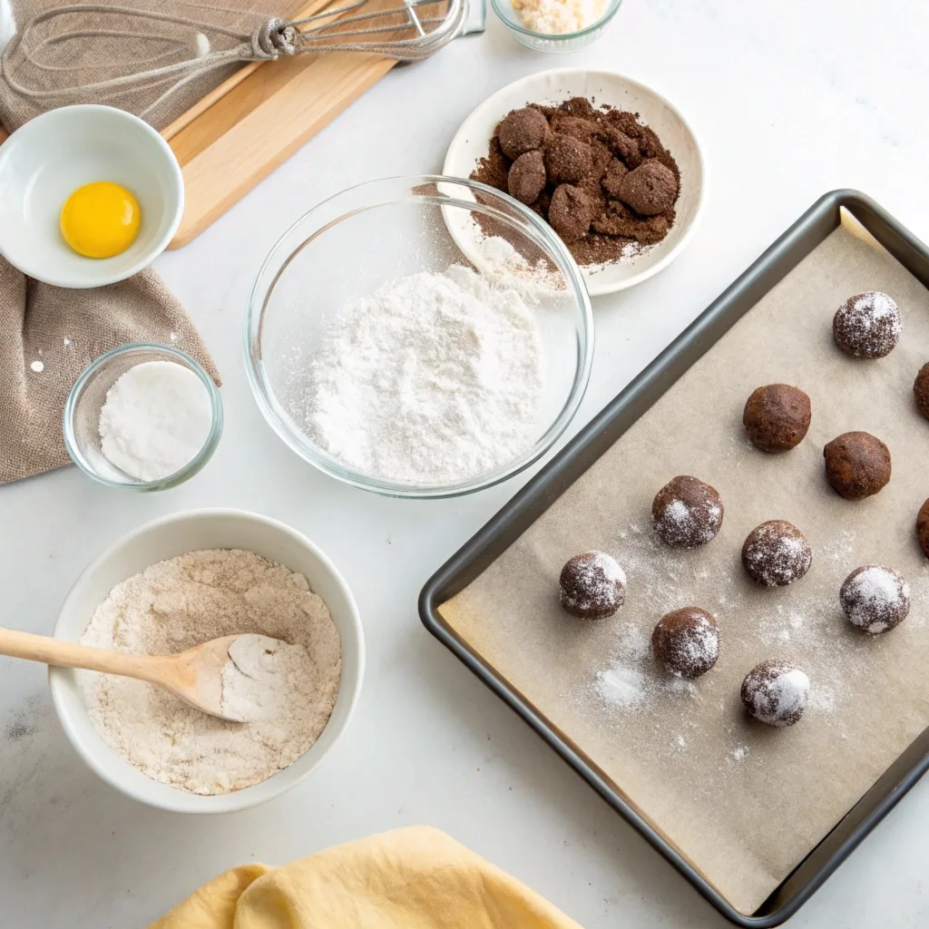 What Are Crinkle Cookies Made Of? Ingredients and Tips for Perfect Chocolate Crinkles 4 Step-by-step process of making chocolate crinkle cookies, including rolling dough in powdered sugar.