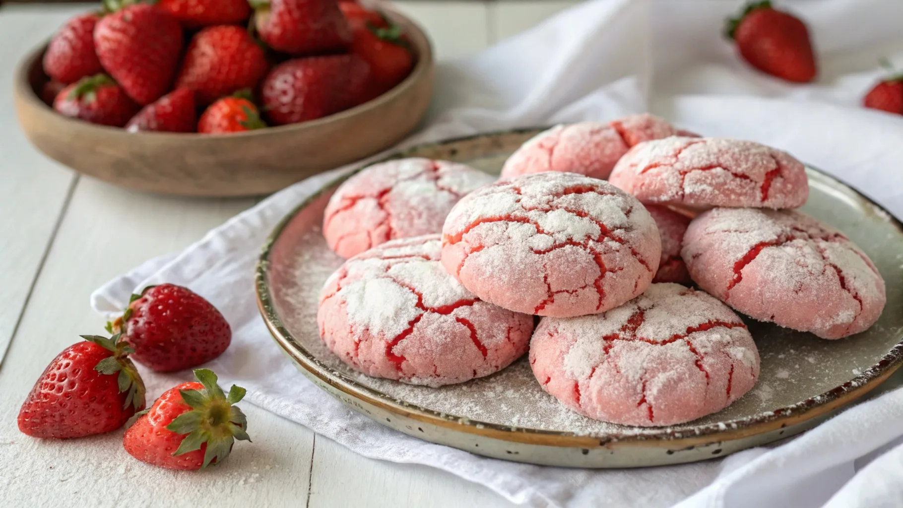 Strawberry crinkle cookies dusted with powdered sugar on a rustic plate, surrounded by fresh strawberries on a bright kitchen counter.