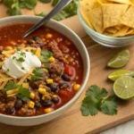 Hearty Taco Soup Frios garnished with Fritos, cheese, and sour cream, served in a bowl with lime wedges on the side.