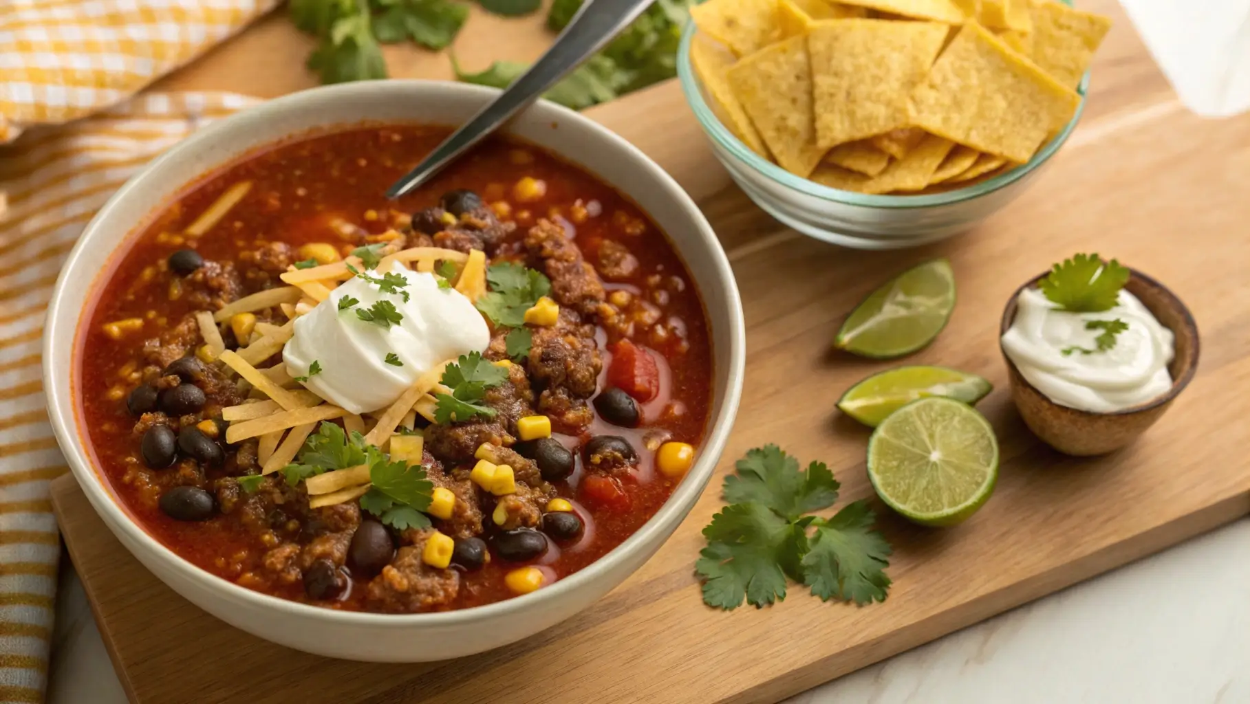 Hearty Taco Soup Frios garnished with Fritos, cheese, and sour cream, served in a bowl with lime wedges on the side.