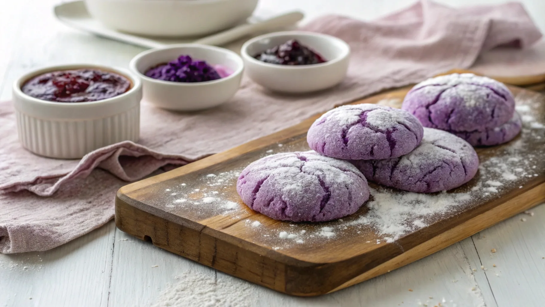 Key ingredients for ube crinkle cookies: ube halaya, ube extract, butter, sugar, eggs, and cookie dough on a kitchen counter.