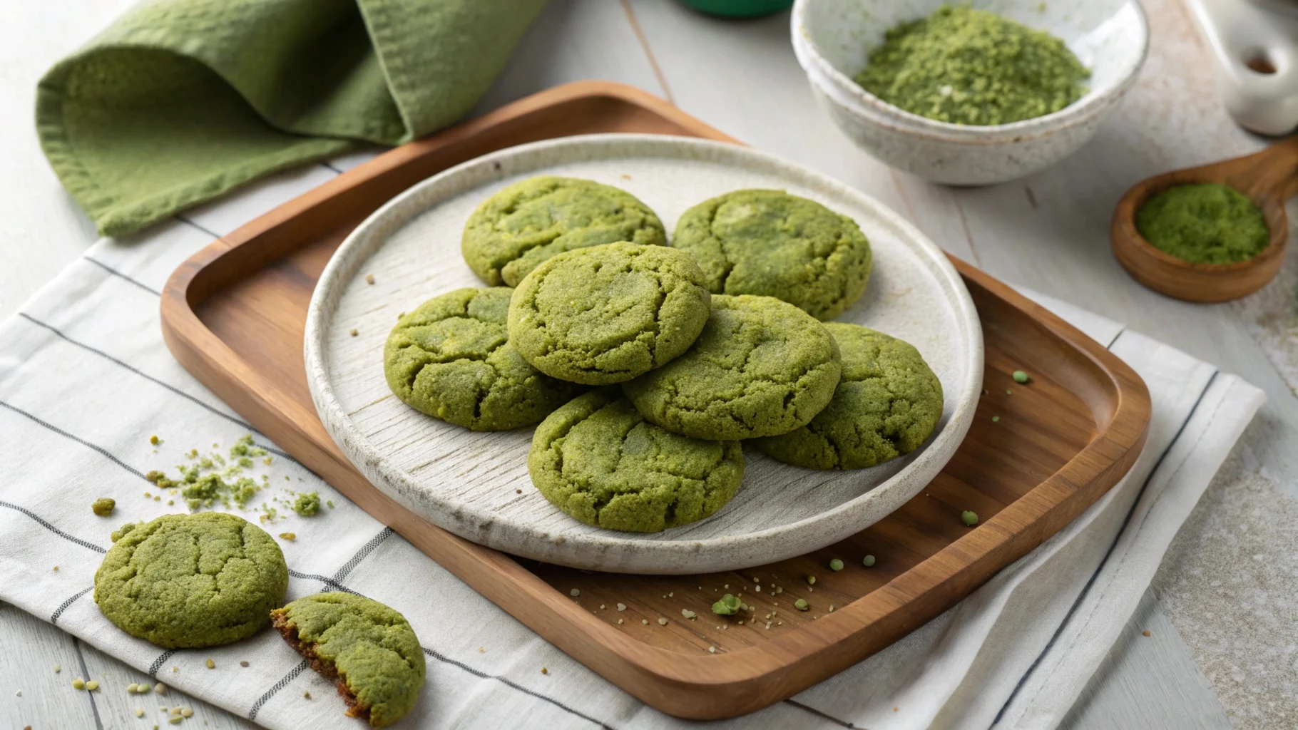 Freshly baked matcha cookies on a rustic tray with matcha powder and sifter.