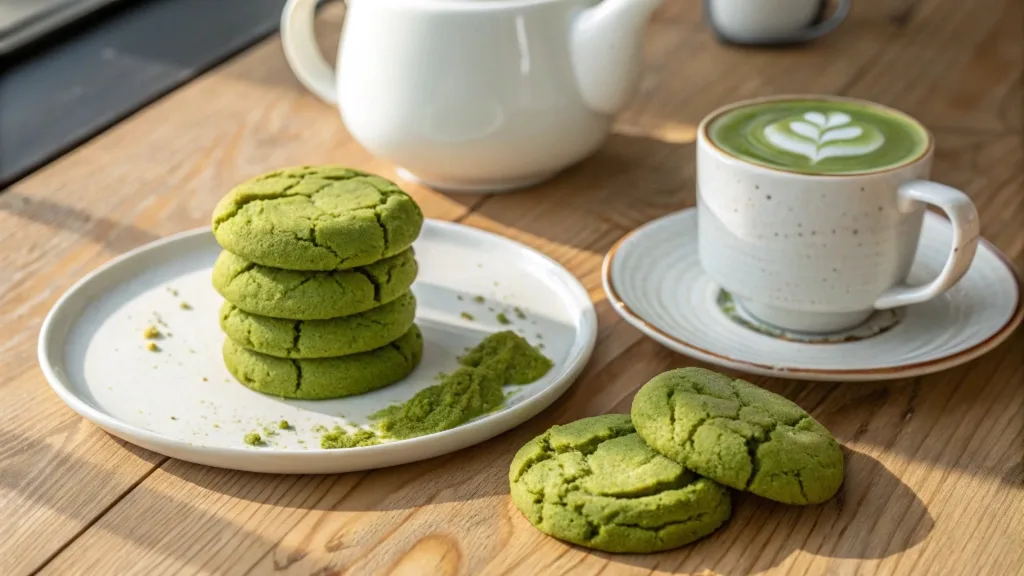 Stack of vibrant green matcha cookies with a cup of matcha latte on a white plate, set on a wooden table.