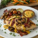 Alice Springs Chicken on a white plate with crispy bacon, mushrooms, cheese, and honey mustard sauce, garnished with parsley.