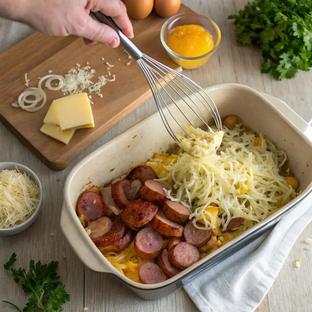 Irish Breakfast Casserole Recipe: A Hearty Brunch Classic 7 Layering sausage, potatoes, and cheese for an Irish breakfast casserole, with whisked eggs being poured on top.