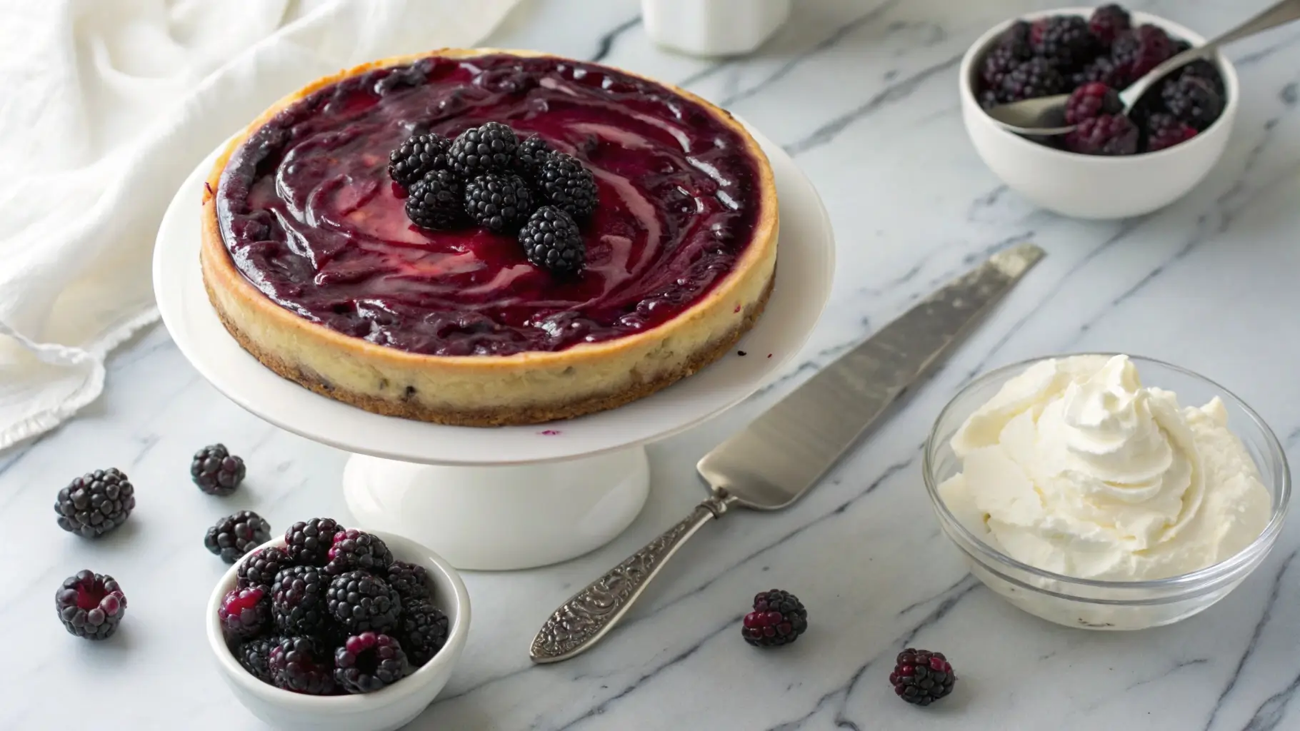 A close-up overhead shot of a blackberry cheesecake with a vibrant blackberry swirl on a white cake stand, garnished with fresh blackberries and whipped cream.