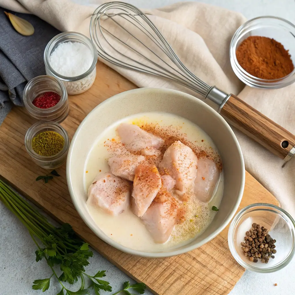 How to Make Cane’s Chicken Recipe at Home 2 Raw chicken tenderloins marinating in buttermilk with seasonings like paprika and garlic powder.
