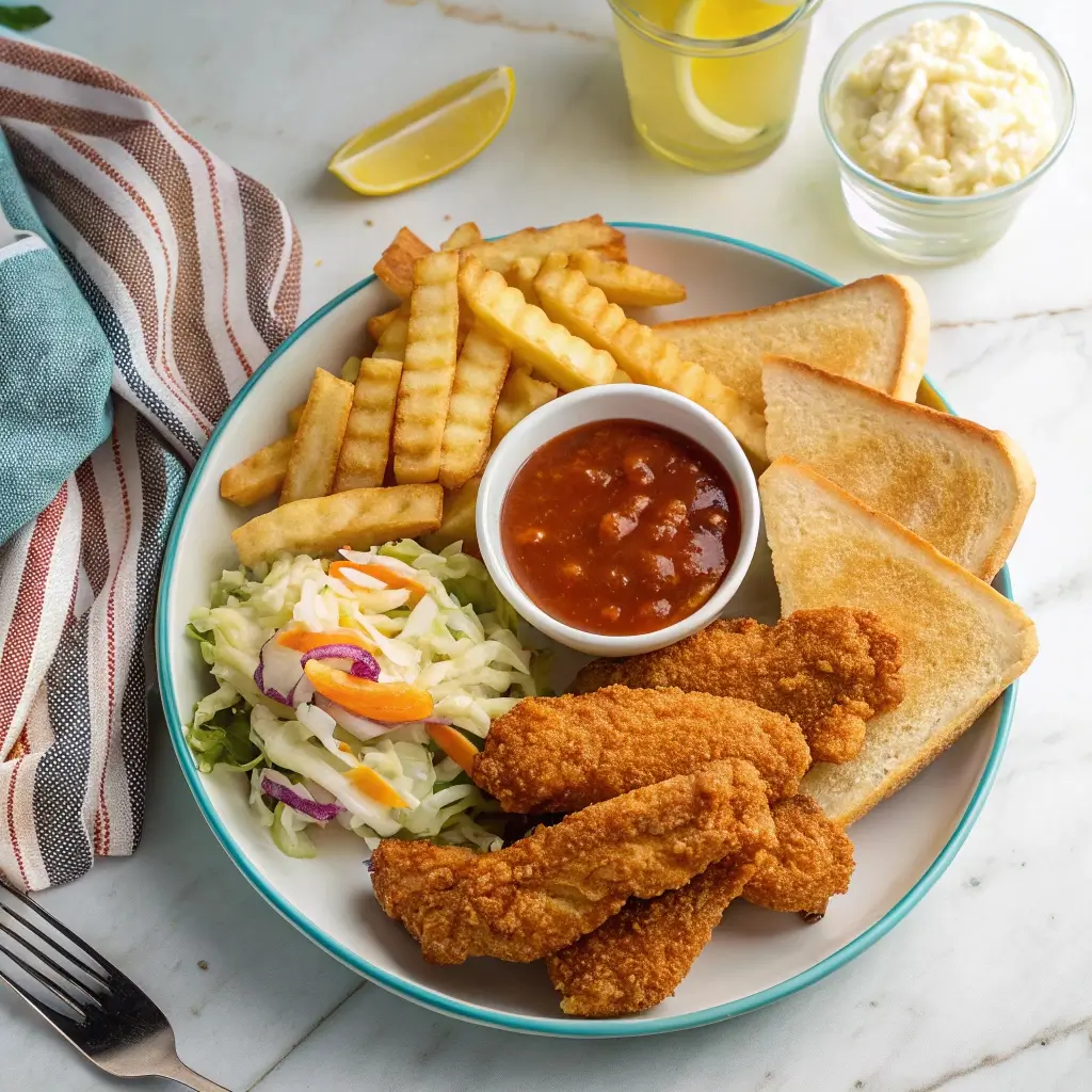 How to Make Cane’s Chicken Recipe at Home 4 A Cane’s-style combo meal with crispy chicken fingers, fries, coleslaw, Texas toast, and Cane’s sauce.