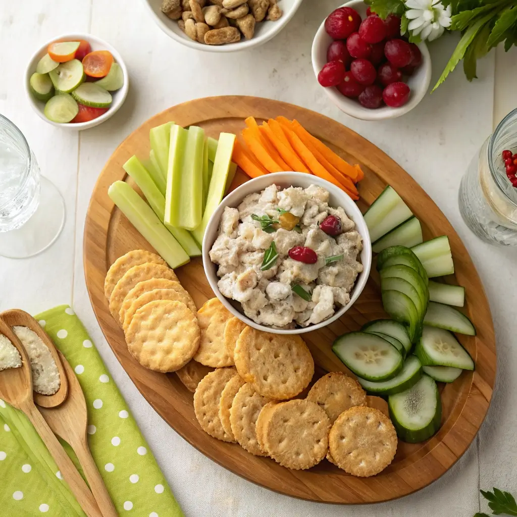 Chicken Salad Chick Recipe: The Ultimate Copycat Guide 4 Party platter with chicken salad, crackers, celery sticks, cucumber slices, fruit salad, and roasted vegetables on a wooden board.
